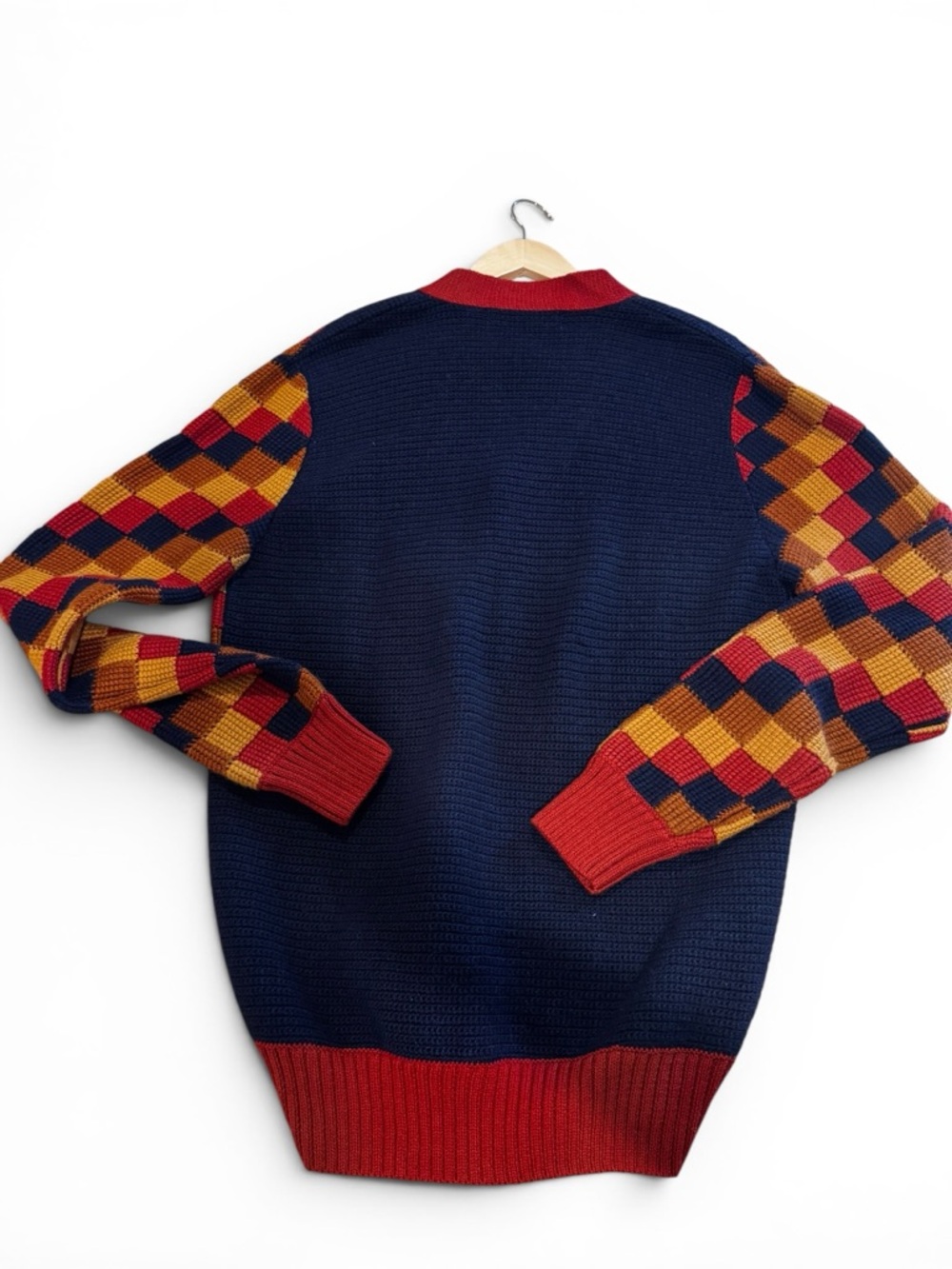 Men's Multicolor Geometric Button Cardigan - Red, Navy & Mustard - Picture 3 of 6
